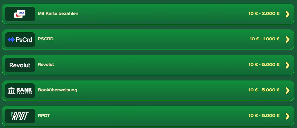 Greenluck Casino – Einzahlungsmethoden mit Visa, Mastercard, PsCr​​d, Revolut, Banküberweisung und RPDT sowie Einzahlungslimits von 10 € bis 5.000 €.