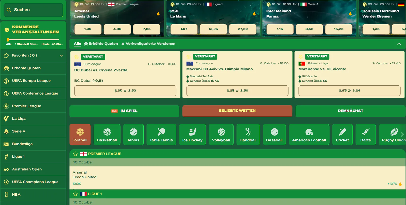 Greenluck Casino – Sportwettenbereich mit Fußball, Basketball, Tennis, Live-Wetten, erhöhten Quoten und internationalen Sportligen.