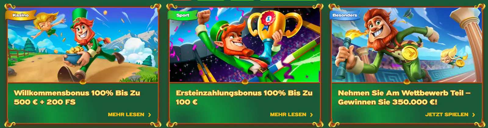 Greenluck Casino – Werbebanner mit Willkommensboni für Casino und Sportwetten sowie einem Wettbewerb mit 350.000 € Preisgeld.
