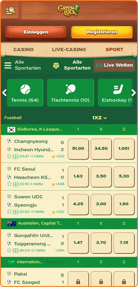 Live-Sportwetten im Greenluck Casino